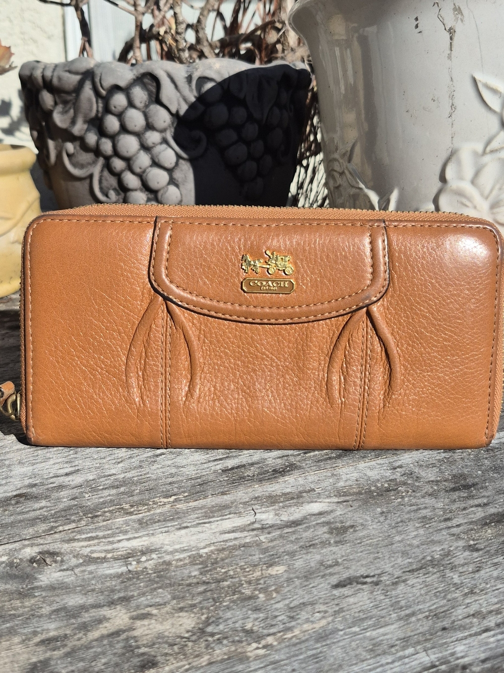 COACH Tan Leather Zip Wallet with Signature Logo